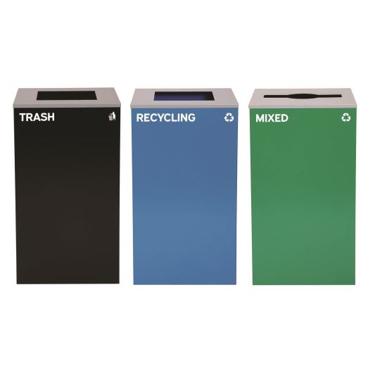 29 Gallon Trash/Recycling Cans, Steel, Blue Recycling and Black Trash Cans w/Square Lid, Green Mixed Recycling Can Mixed Lid1