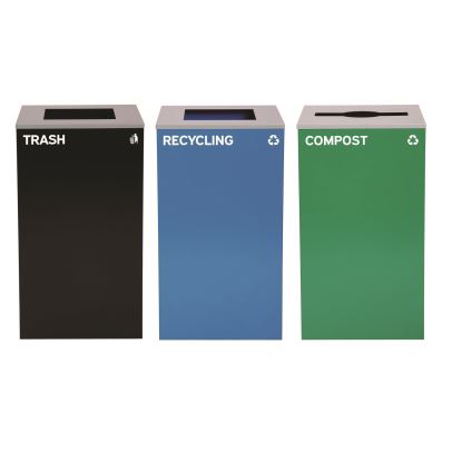 29 Gallon Trash/Recycling Cans, Steel, Blue Recycling Can and Black Trash Can w/Square Lids, Green Compost Can with Mixed Lid1