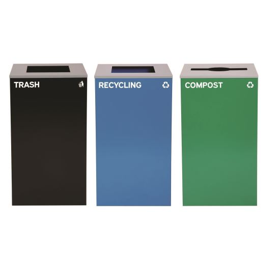 29 Gallon Trash/Recycling Cans, Steel, Blue Recycling Can and Black Trash Can w/Square Lids, Green Compost Can with Mixed Lid1