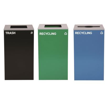 29 Gallon Trash/Recycling Cans, Steel, Blue Recycling Can w/Mixed Lid, Green Recycling Can and Black Trash Can with Sq Lid1