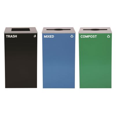 29 Gallon Trash/Recycling Cans, Steel, Blue Mixed Recycling and Green Compost Cans w/Mixed Lids, Black Trash Can w/Square Lid1