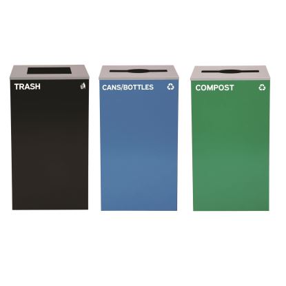 29 Gallon Trash/Recycling Cans, Steel, Blue Cans/Bottles Recycling and Green Compost Can w/Mixed Lid, Black Trash Can Sq Lid1