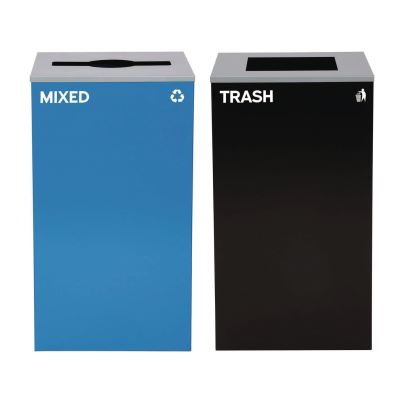 29 Gallon Trash/Recycling Cans, Steel, Blue Mixed Recycling with Mixed Lid, Black Trash Can with Square Lid1