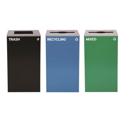 29 Gallon Trash/Recycling Cans, Steel, Blue Recycling and Green Mixed Recycling Can w/Mixed Lids, Black Trash Can w/Sq Lid1