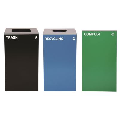 29 Gallon Trash/Recycling Cans, Steel, Blue Recycling Can w/Circle Lid, Green Compost Can and Black Trash Can w/Square Lids1
