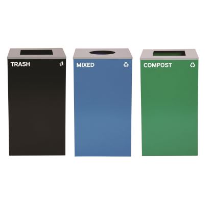 29 Gallon Trash/Recycling Cans, Steel, Blue Mixed Recycling Can w/Circle Lid, Green Compost and Black Trash Cans w/Sq Lids1