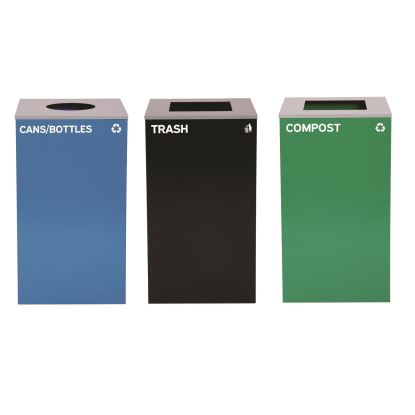 29 Gallon Trash/Recycling Cans, Steel, Blue Cans/Bottles with Circle Lid, Green Compost and Black Trash Cans with Square Lids1