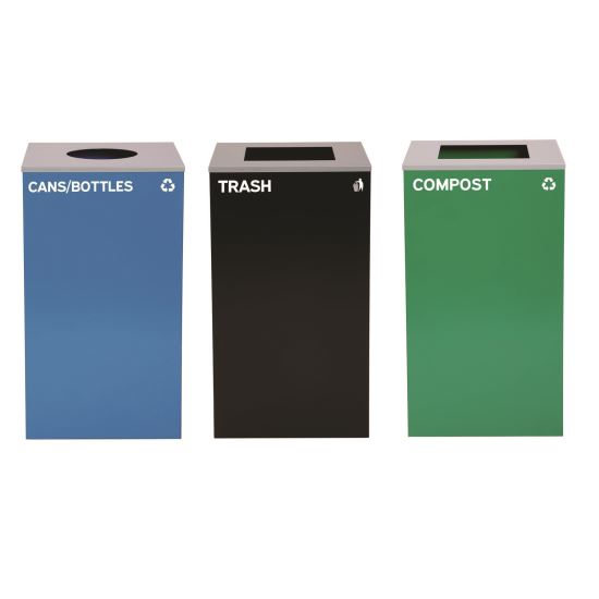 29 Gallon Trash/Recycling Cans, Steel, Blue Cans/Bottles with Circle Lid, Green Compost and Black Trash Cans with Square Lids1