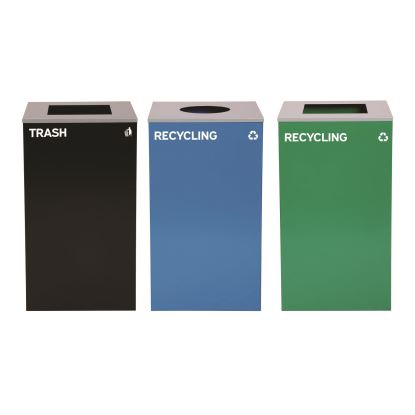 29 Gallon Trash/Recycling Cans, Steel, Blue Recycling Can w/Circle Lid, Green Recycling Can and Black Trash Can w/Square Lids1