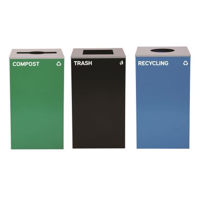 29 Gallon Trash/Recycling Cans, Steel, Blue Recycling Can w/Circle Lid, Green Compost w/Mixed Lid, Black Trash w/Square Lid1
