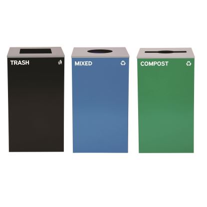 29 Gallon Trash/Recycling Cans, Steel, Blue Mixed Recycling w/Circle Lid, Green Compost w/Mixed Lid, Black Trash w/Square Lid1