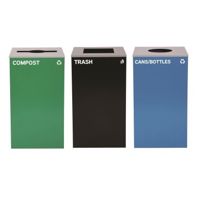 29 Gallon Trash/Recycling Cans, Steel, Blue Cans/Bottles Recycling w/Circle Lid, Green Compost w/Mixed Lid, BK Trash w/Sq Lid1