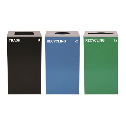 29 Gallon Trash/Recycling Cans, Steel, Blue Recycling Can w/Circle Lid, Green Recycling w/Mixed Lid, Black Trash w/Square Lid1
