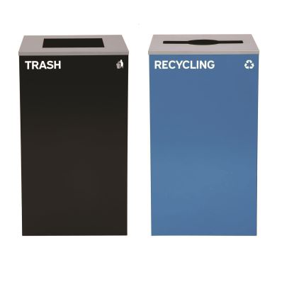 29 Gallon Trash/Recycling Cans, Steel, Blue Recycling with Mixed Lid, Black Trash Can with Square Lid1