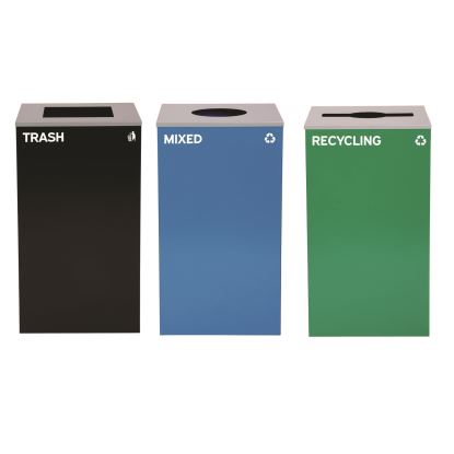 29 Gallon Trash/Recycling Cans, Steel, Blue Mixed Recycling w/Circle Lid, Green Recycling w/Mixed Lid, Black Trash w/Sq Lid1