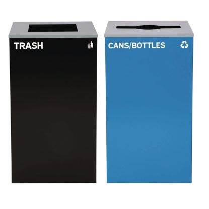 29 Gallon Trash/Recycling Cans, Steel, Blue Cans/Bottles Recycling with Mixed Lid, Black Trash Can with Square Lid1