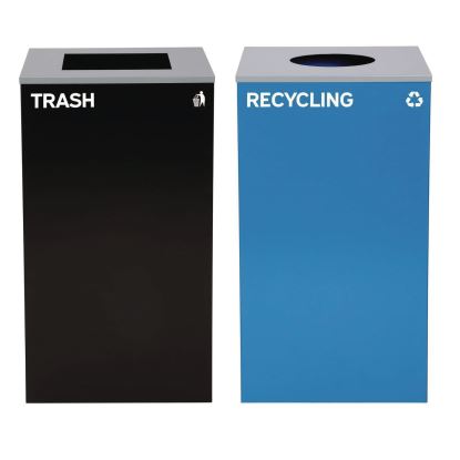 29 Gallon Trash/Recycling Cans, Steel, Blue Recycling with Circle Lid, Black Trash Can with Square Lid1