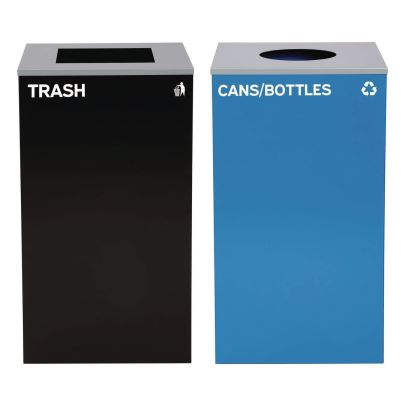 29 Gallon Trash/Recycling Cans, Steel, Blue Cans/Bottles Recycling with Circle Lid, Black Trash Can with Square Lid1