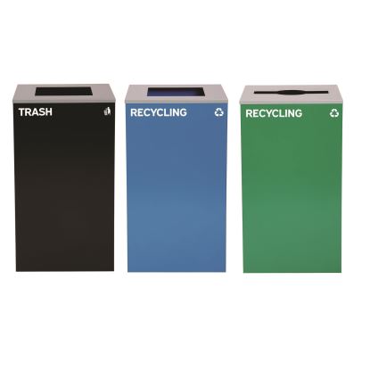 29 Gallon Trash/Recycling Cans, Steel, Blue Recycling Can and Black Trash Can w/Sq Lid, Green Recycling Can with Mixed Lid1