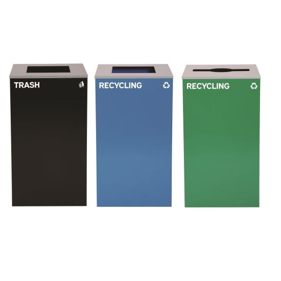 29 Gallon Trash/Recycling Cans, Steel, Blue Recycling Can and Black Trash Can w/Sq Lid, Green Recycling Can with Mixed Lid1