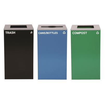 29 Gallon Trash/Recycling Cans, Steel, Blue Cans/Bottles Recycling Can w/Mixed Lid, Green Compost and Black Trash w/Sq Lid1