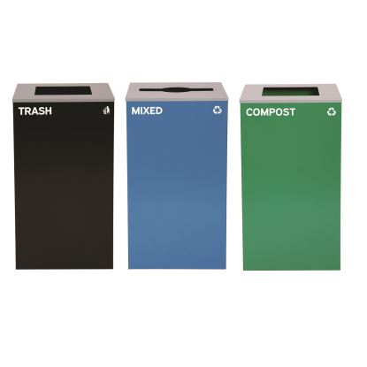 29 Gallon Trash/Recycling Cans, Steel, Blue Mixed Recycling Can w/Mixed Lid, Green Compost and Black Trash Cans w/Square Lids1