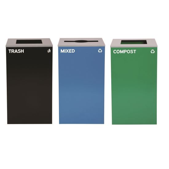29 Gallon Trash/Recycling Cans, Steel, Blue Mixed Recycling Can w/Mixed Lid, Green Compost and Black Trash Cans w/Square Lids1