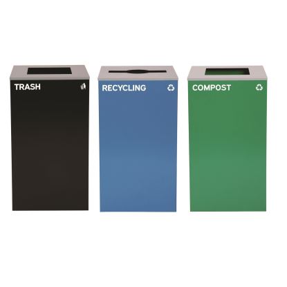 29 Gallon Trash/Recycling Cans, Steel, Blue Recycling Can/Mixed Lid, Green Compost Can and Black Trash Can with Square Lids1