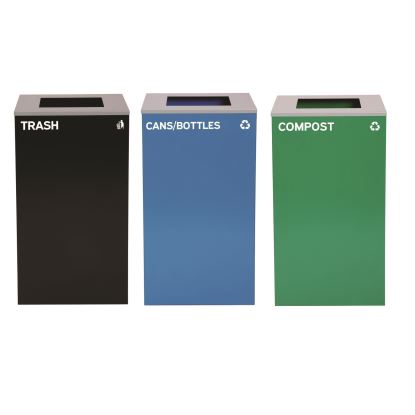 29 Gallon Trash/Recycling Cans, Steel, Blue Cans/Bottles Recycling Can, Green Compost Can, Black Trash Can with Square Lids1