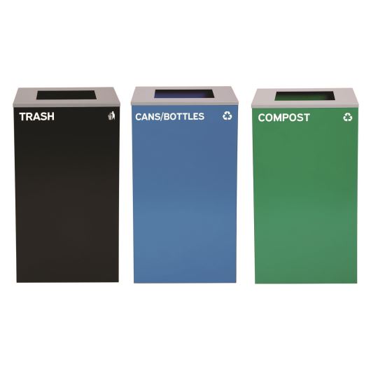 29 Gallon Trash/Recycling Cans, Steel, Blue Cans/Bottles Recycling Can, Green Compost Can, Black Trash Can with Square Lids1