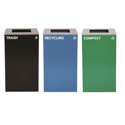29 Gallon Trash/Recycling Cans, Steel, Blue Recycling Can, Green Compost Can, Black Trash Can with Square Lids1