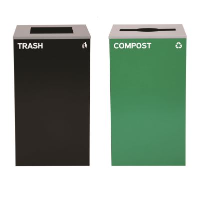 29 Gallon Trash/Recycling Cans, Steel, Green Compost Can with Mixed Lid, Black Trash Can with Square Lid1