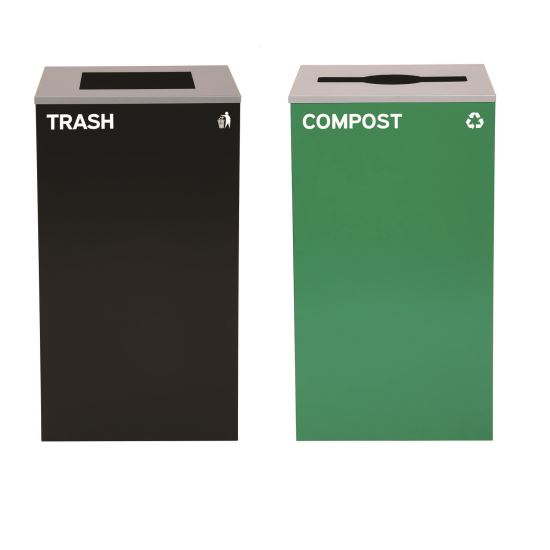 29 Gallon Trash/Recycling Cans, Steel, Green Compost Can with Mixed Lid, Black Trash Can with Square Lid1