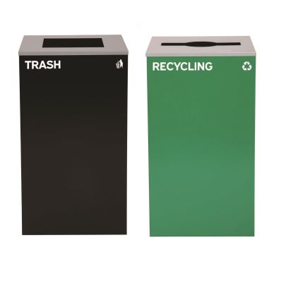 29 Gallon Trash/Recycling Cans, Steel, Green Recycling Can with Mixed Lid, Black Trash Can with Square Lid1