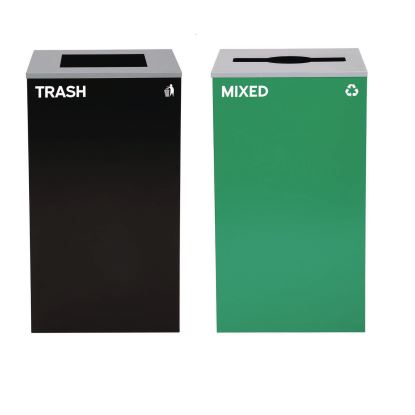29 Gallon Trash/Recycling Cans, Steel, Green Mixed Recycling Can with Mixed Lid, Black Trash Can with Square Lid1