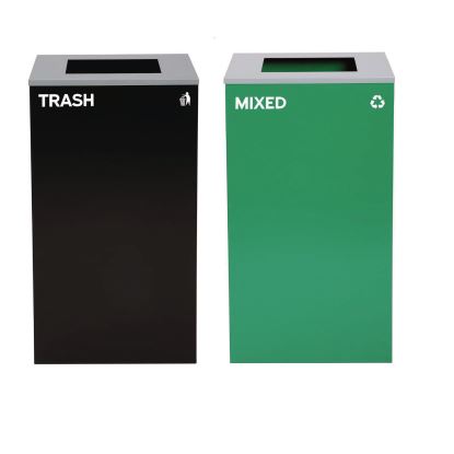 29 Gallon Trash/Recycling Cans, Steel, Green Mixed Recycling Can with Square Lid, Black Trash Can with Square Lid1