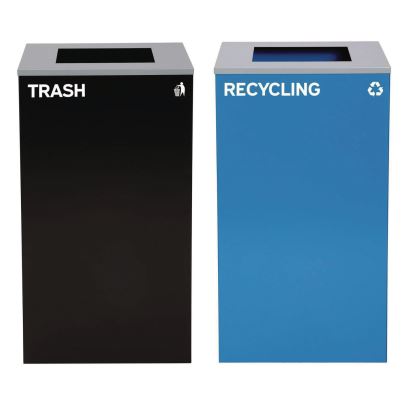 29 Gallon Trash/Recycling Cans, Steel, Blue Recycling Can with Square Lid, Black Trash Can with Square Lid1