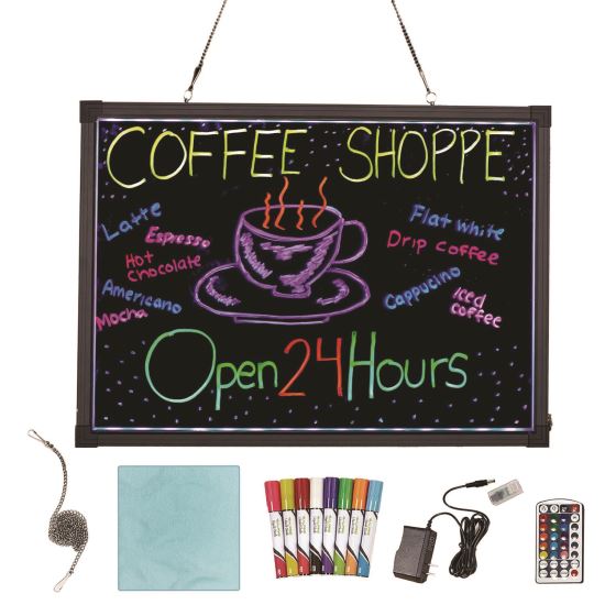 LED Illuminated Hanging Message Writing Board, 19.7" x 27.6", Black Surface, Black Aluminum Frame1