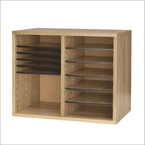 Wood Adjustable 12 Compartment Literature Organizer, 12 Sections, Letter Size, 20 x 11.8 x 16.3, Medium Oak1