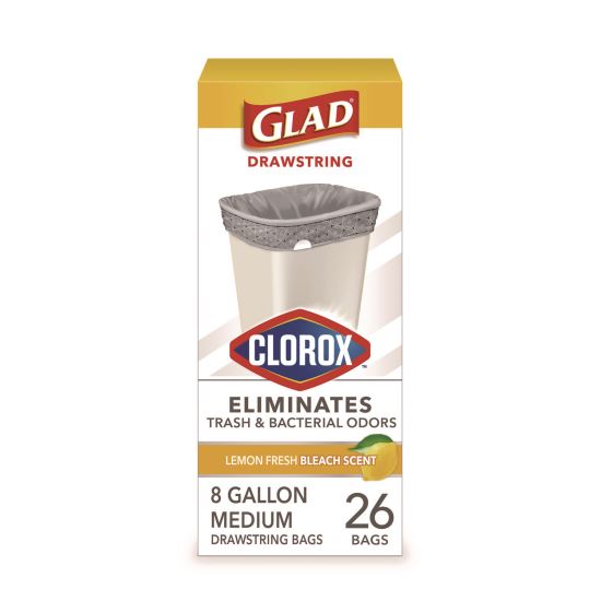 Medium Drawstring Trash Bags with Clorox, 8 gal, Lemon Fresh Bleach Scent, 0.74 mil, 23" x 21.63", Gray, 26/Box1