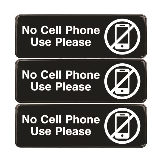 No Cell Phone Use Please Indoor/Outdoor Wall Sign, 9 x 3, Black Face, White Graphics, 3/Pack1