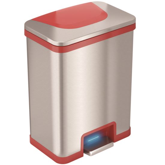 Step Pedal-Sensor Trash Can, 13 gal, Plastic/Stainless Steel, Silver/Red1