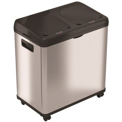 Dual Compartment Sensor Recycle Bin and Trash Can with Wheels, 16 gal, Plastic/Stainless Steel, Silver/Black1