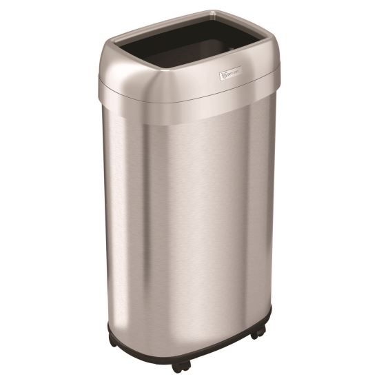 Open Top Trash Can with Wheels, Oval, 16 gal, Plastic/Stainless Steel, Silver1