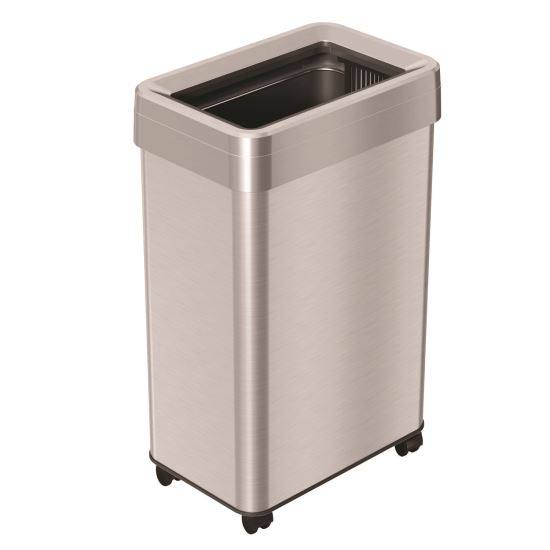 Open Top Trash Can with Wheels, Rectangular, 16 gal, Plastic/Stainless Steel, Silver1