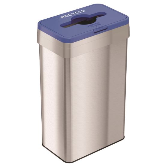 Open Top Recycle Bin with Color-Coded Lid, 21 gal, Plastic/Stainless Steel, Silver/Blue1