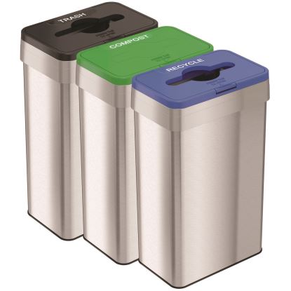 Open Top Trash Can/Recycle Bin/Compost Bin w/Color-Coded Lids Set, 21 gal, Plastic/Stainless Steel, Silver/Black/Blue/Green1