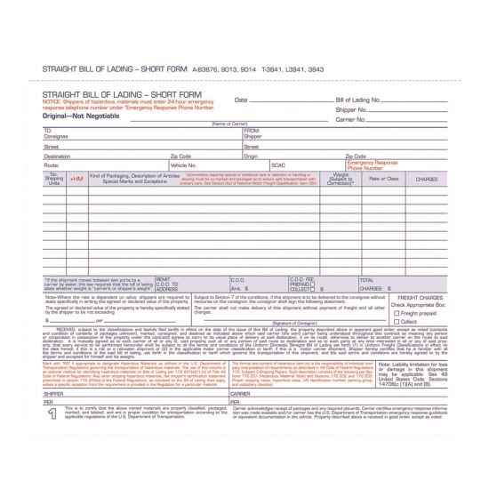 Bill of Lading - Short Form for Up to Ten Articles, Three-Part Carbonless, 8.5 x 6.94, 50 Forms Total1