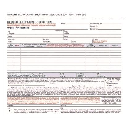 Bill of Lading - Short Form for Up to Ten Articles, Three-Part Carbonless, 8.5 x 6.94, 250 Forms Total1