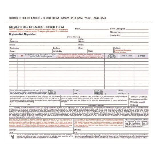 Bill of Lading - Short Form for Up to Ten Articles, Three-Part Carbonless, 8.5 x 6.94, 250 Forms Total1